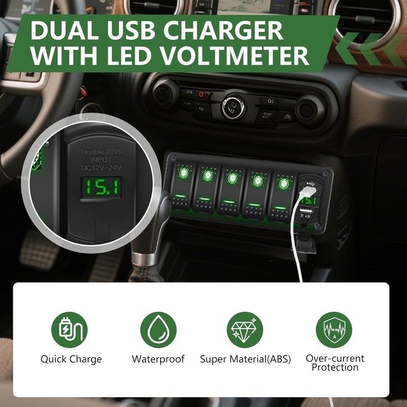 NORTHYUN 5 Gang 12V Rocker Switch Panel with 4.8A Dual USB Charger and Voltmeter, Pre-Wired Waterproof Rocker Switch 12V/24V DIY Stickers for Car, Truck, RV, Trailer - Image 4